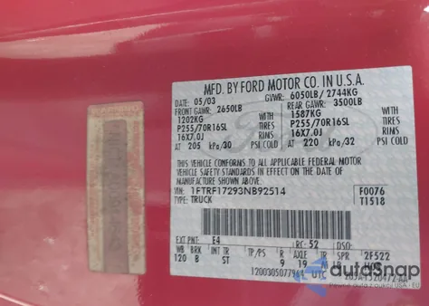 2003 Ford F-150 Xl/Xlt из США, поврежденный, VIN 1FTRF17293NB92514